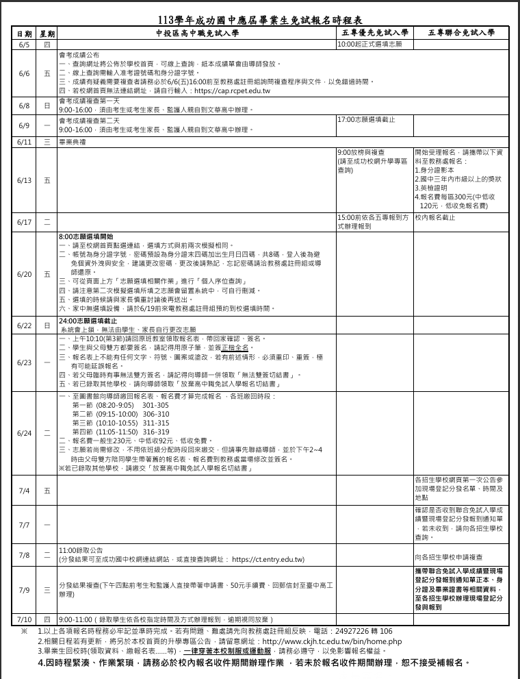 113升學日程
