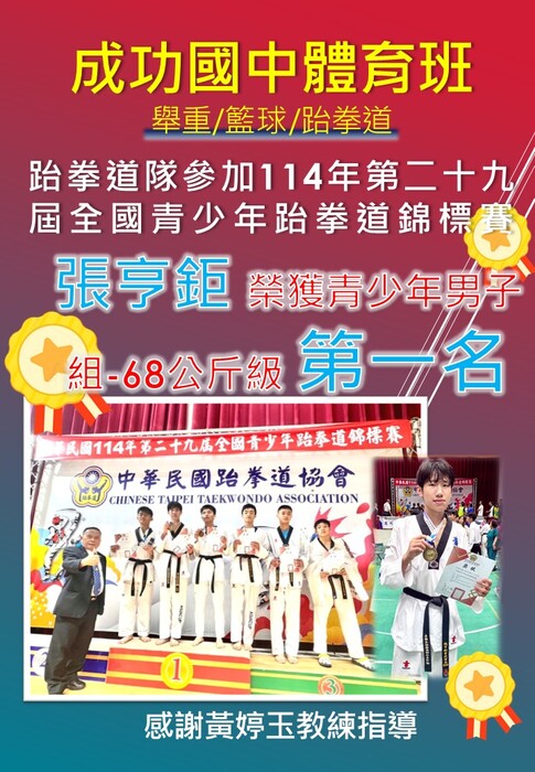 賀！本校跆拳道隊參加114年第二十九屆全國青少年跆拳道錦標賽表現優異，榮獲1金！圖片